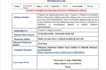Meteorolojiden  Bingöl ve Tunceli için zirai don uyarısı